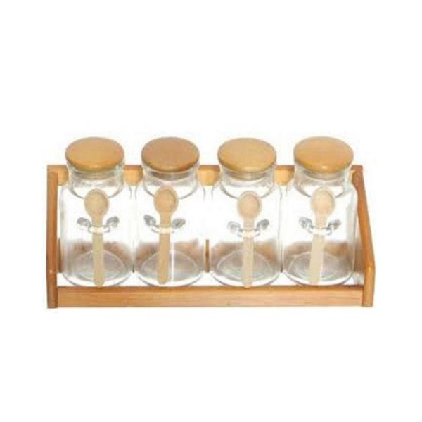 4 Pieces Glass Spices Jars Set With Wood Spoon and Wood Stand - Image 3