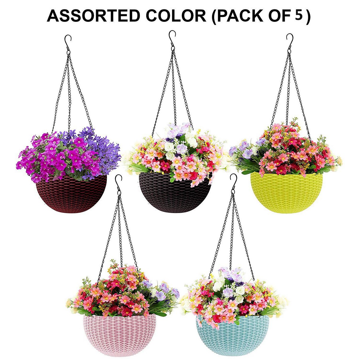 Pack of 5 Go Hooked Multicolor Round Rattan Woven Plastic Flower Hanging Planter/Beautiful Round Gamla Pot/Flower Hanging Pot for Garden Balcony (Multicolored)
