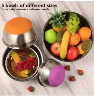 5 Piece Stainless Steel Mixing Storage Nesting Bowls Set with Lids And Silicone Bottom