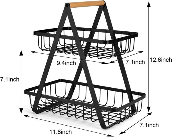 2-Tier Countertop Vegetable Fruit Basket Fruit Bowl Bread Basket Vegetable Holder for Kitchen Storage Black - Image 4