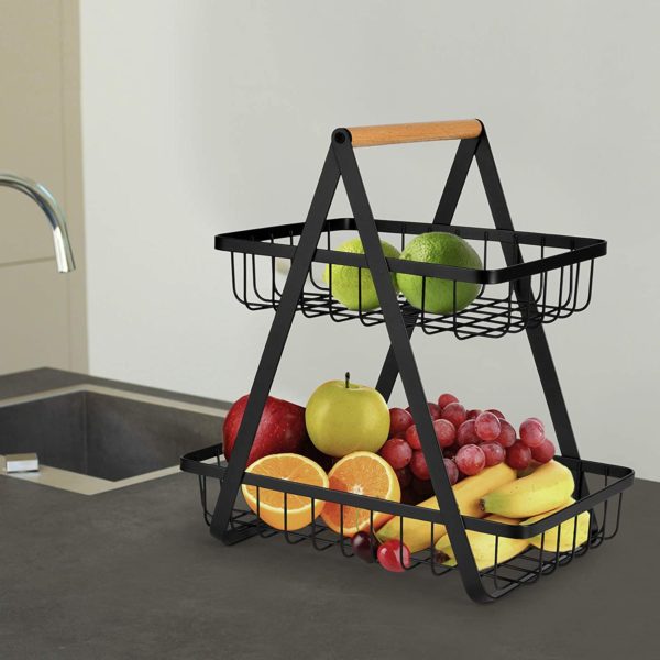 2-Tier Countertop Vegetable Fruit Basket Fruit Bowl Bread Basket Vegetable Holder for Kitchen Storage Black - Image 6