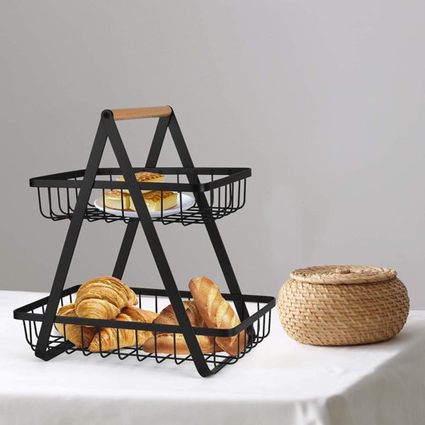 2-Tier Countertop Vegetable Fruit Basket Fruit Bowl Bread Basket Vegetable Holder for Kitchen Storage Black - Image 5