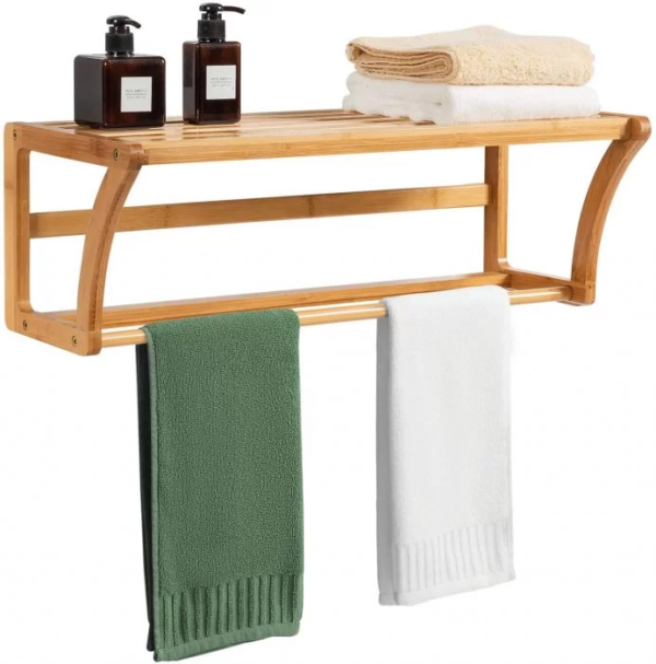 Bamboo Storage Towel Shelf, Wall Mount Bathroom Shelf with Towel Bars, for Bathroom & Household Items - Image 2