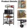 4 Tier Metal Kitchen Bakers Rack Rolling Utility Cart Spice Rack Microwave Oven Stand Shelf Utensil Holder Drawer Organizer Fruit Vegetable Storage Basket - Image 4