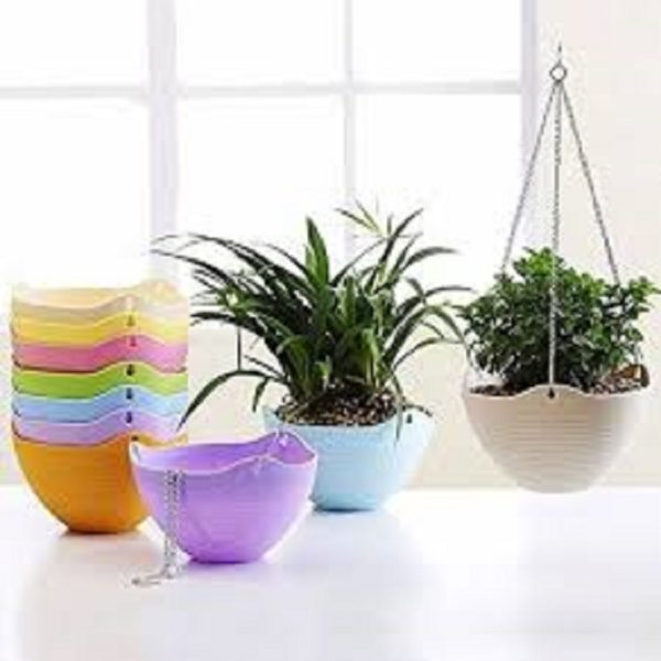 Pack of 2 Plastic Hanging Plant Pots, Flower Pots, Hanging Pots with Chain Hangers Planters Plastic Gardening Pots alternate to Clay Pots