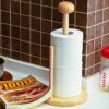 Bamboo Wood Tissue Holder Vertical Roll Pole Paper Towel Holder fof Kitchen/Toilet Freestanding